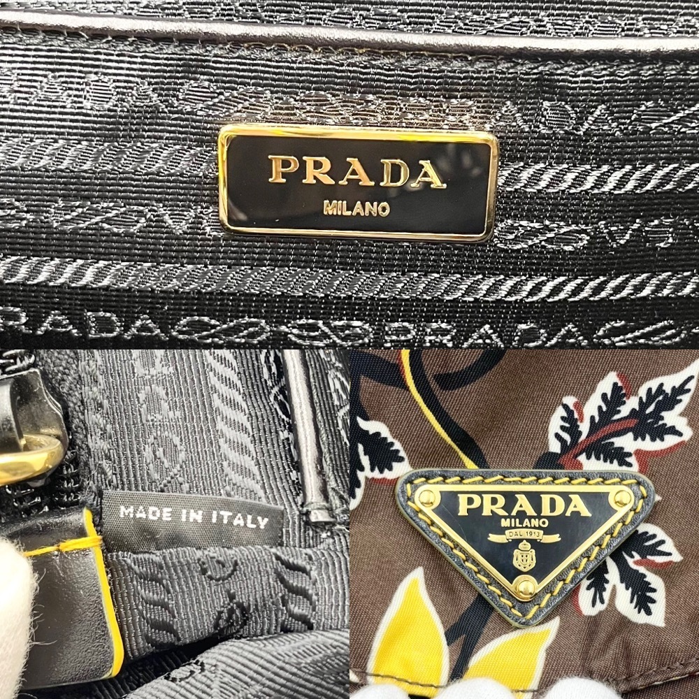 Prada Triangle Floral Backpack Nylon Leather Brow… - image 5